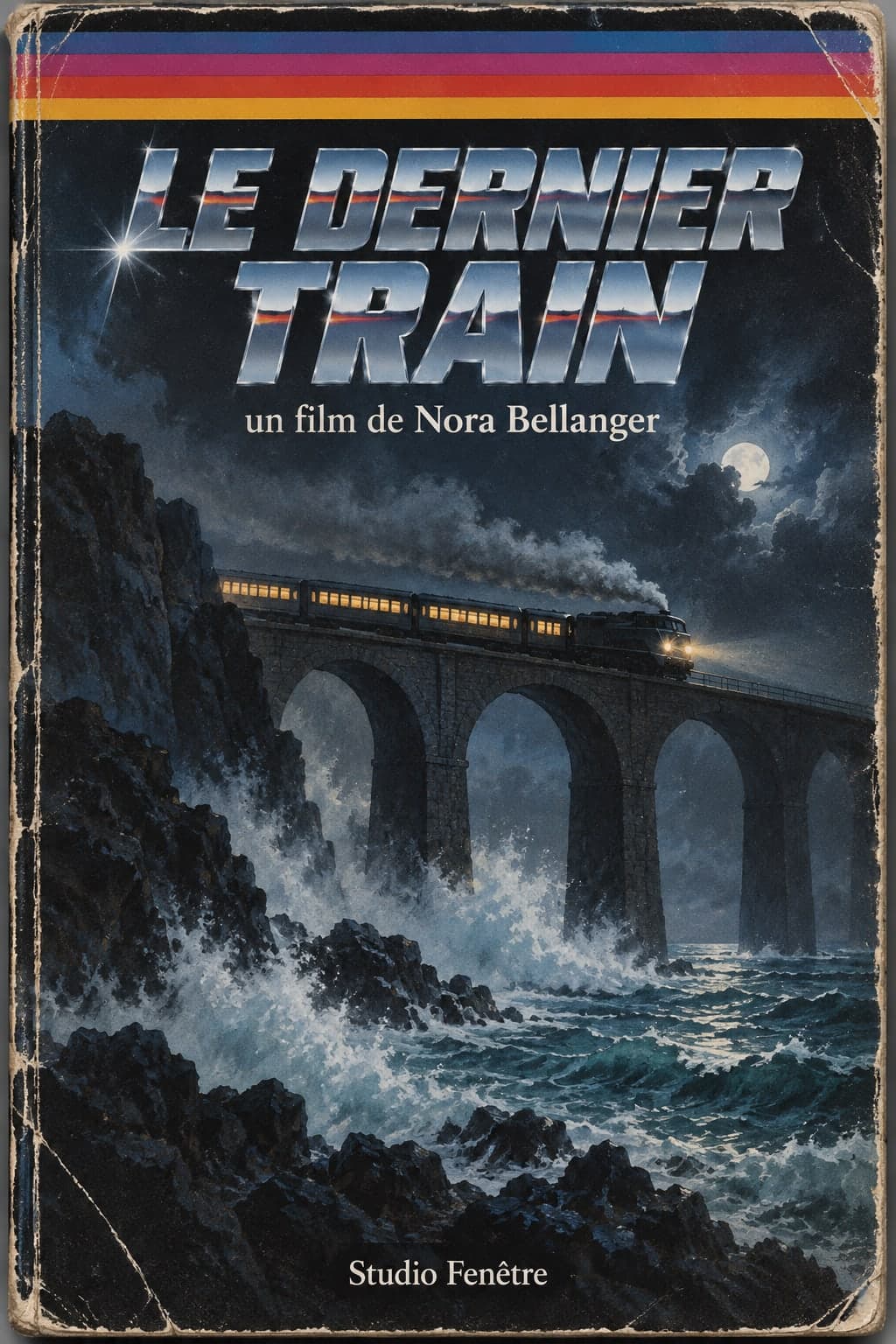 A worn cardboard VHS box: colour stripes at the top, a chrome title, a steam train on a stone viaduct above a stormy sea