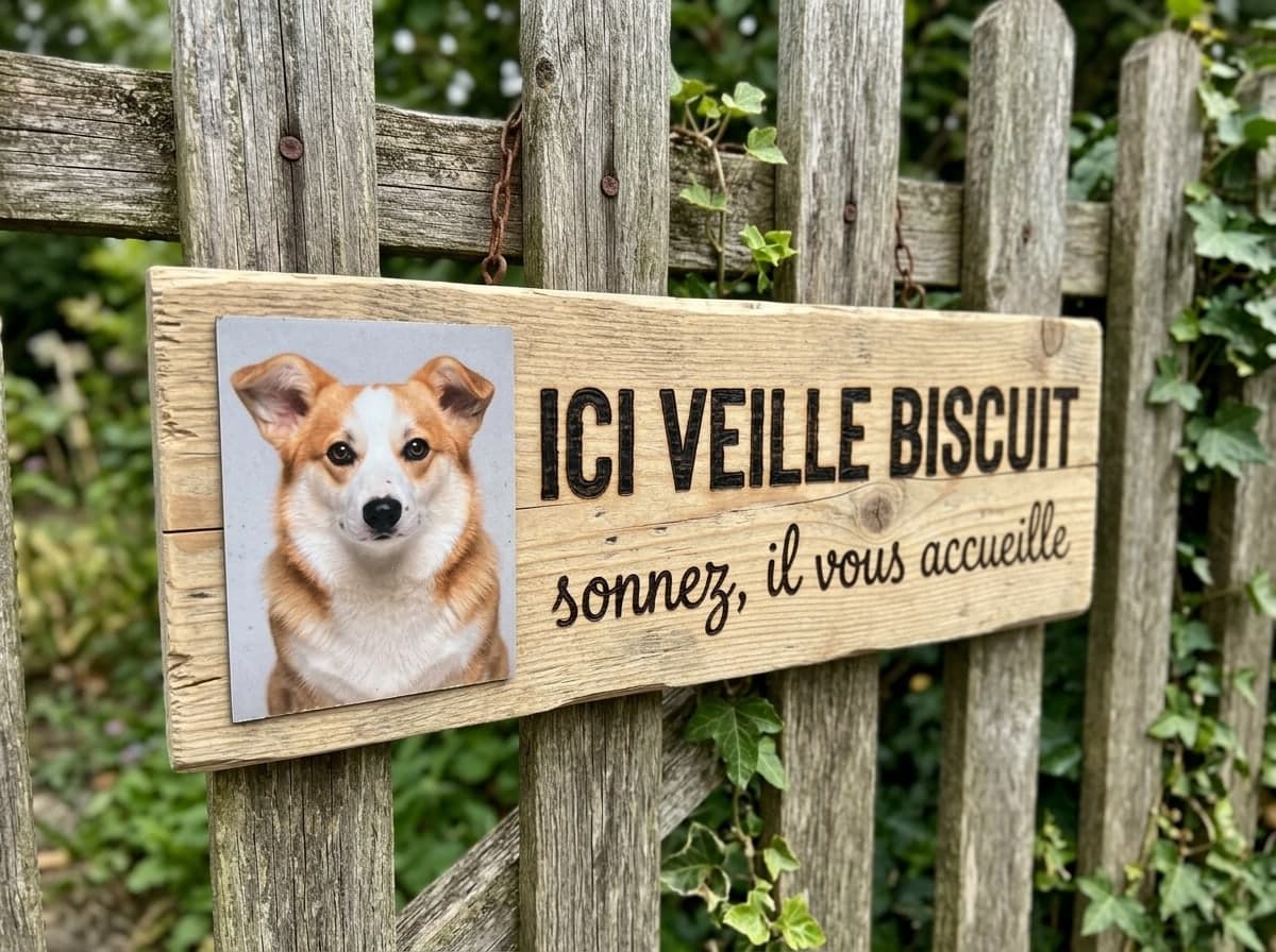 Ein helles Holzschild am Zaun, das Porträt des Corgis links und „HIER WACHT BISCUIT“ in eingebrannten Buchstaben