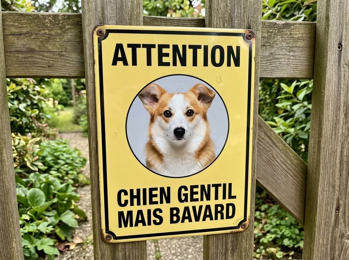 Ein gelbes Emailleschild an einem Holztor, der Corgi in einem Kreis, „ACHTUNG“ und „BRAVER HUND, ABER SCHWATZHAFT“