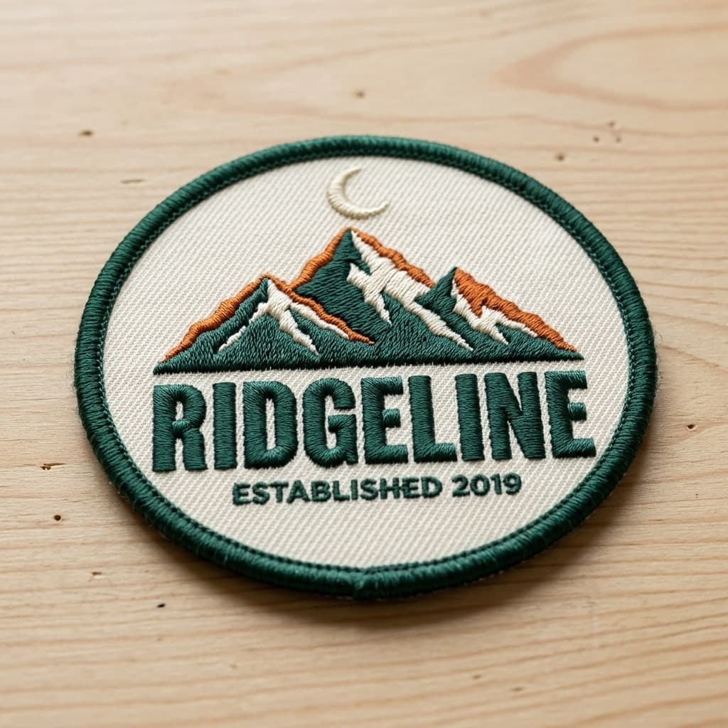 A round embroidered patch with a merrowed green border on a light wooden table, thread clearly visible