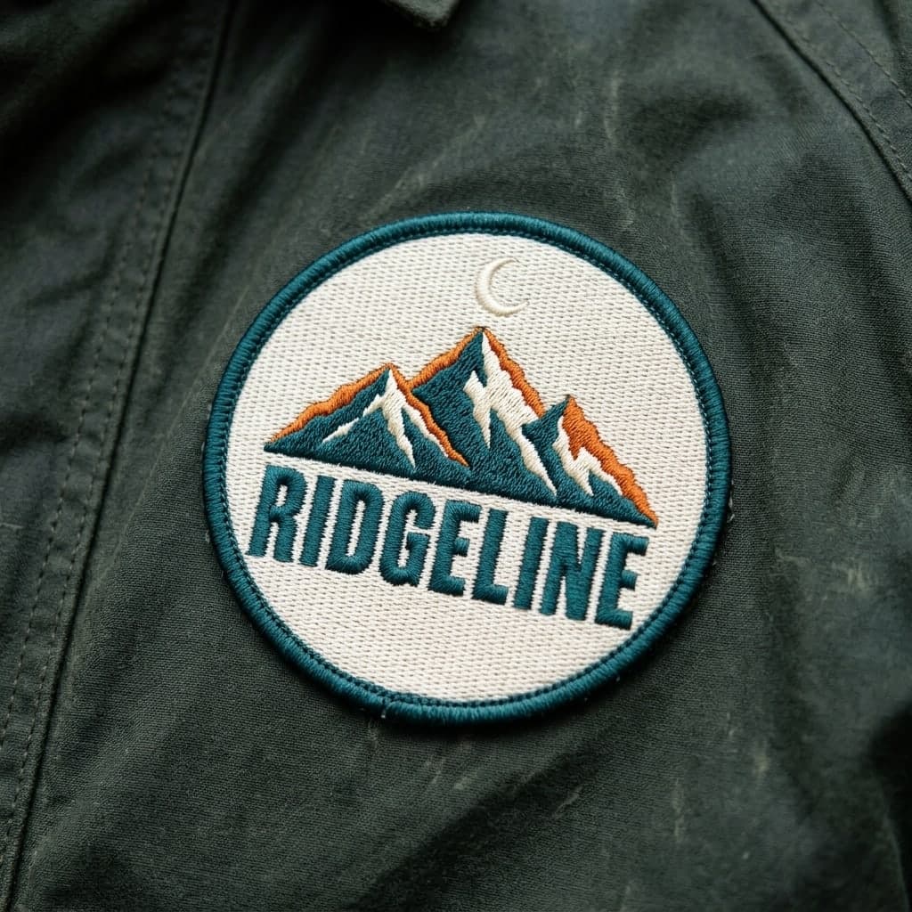 The same patch with a teal border sewn on the chest of a dark green waxed canvas jacket