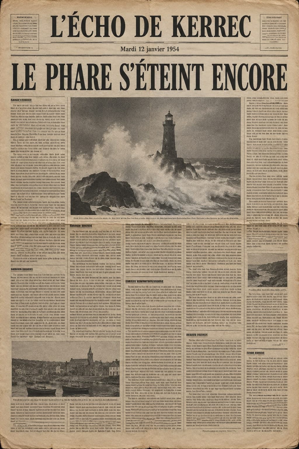 Die vergilbte Titelseite von „L'ÉCHO DE KERREC“ vom 12. Januar 1954, ein Leuchtturm im Sturm unter der Schlagzeile „DER LEUCHTTURM ERLISCHT ERNEUT“