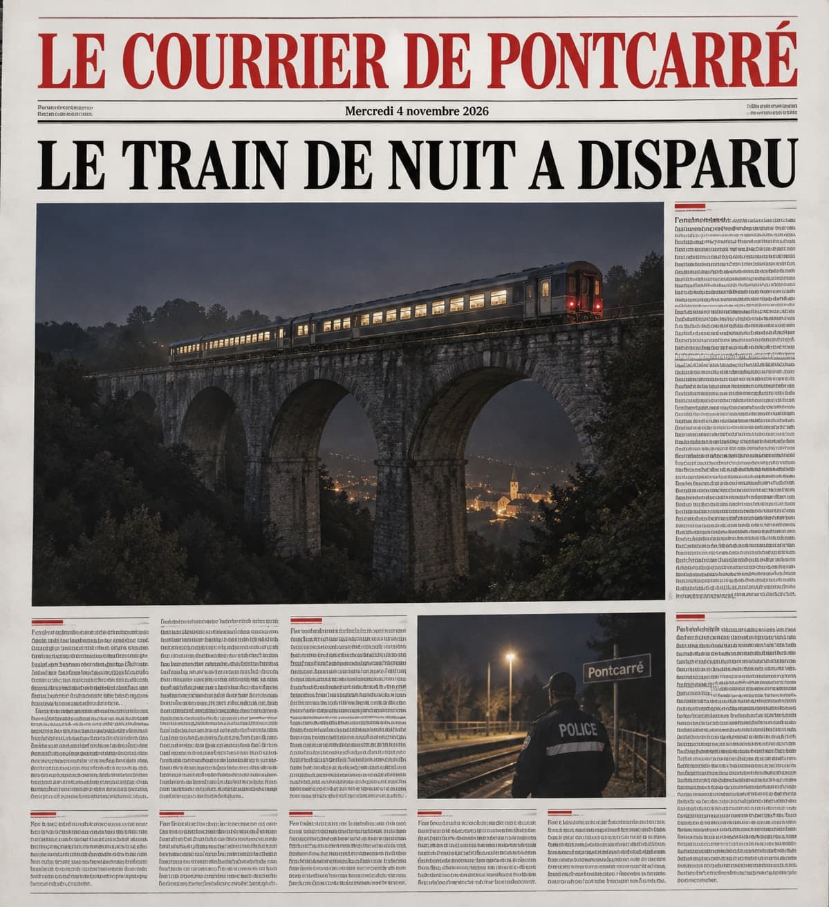 Die Titelseite des „COURRIER DE PONTCARRÉ“ mit rotem Titel, ein beleuchteter Nachtzug auf einem Viadukt unter der Schlagzeile „DER NACHTZUG IST VERSCHWUNDEN“ und ein Polizist auf einem Bahnsteig als zweites Foto