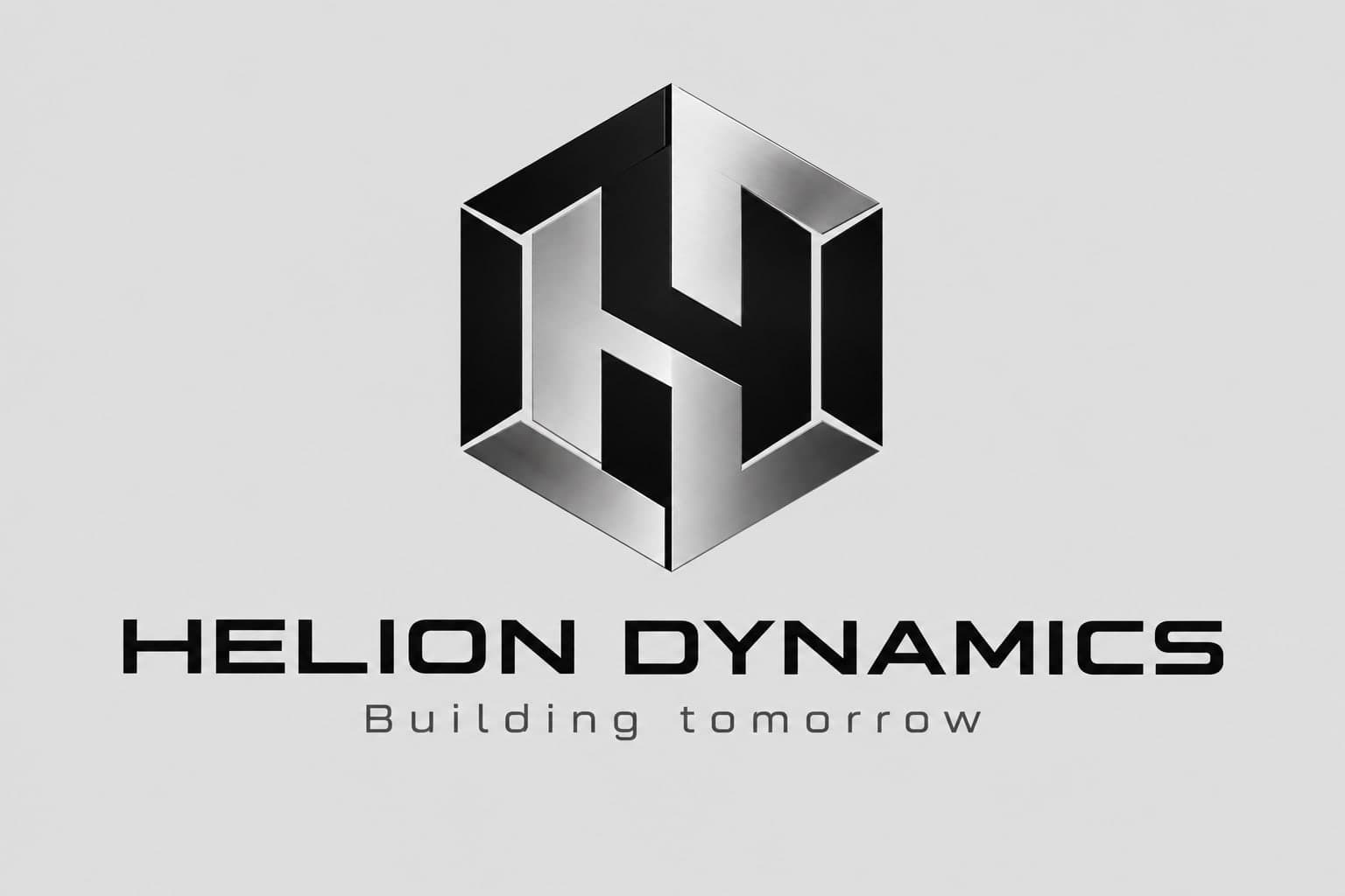 شعار HELION DYNAMICS، سداسي أسود وفضي يرسم حرف H، وتوقيع «Building tomorrow» على خلفية رمادية فاتحة
