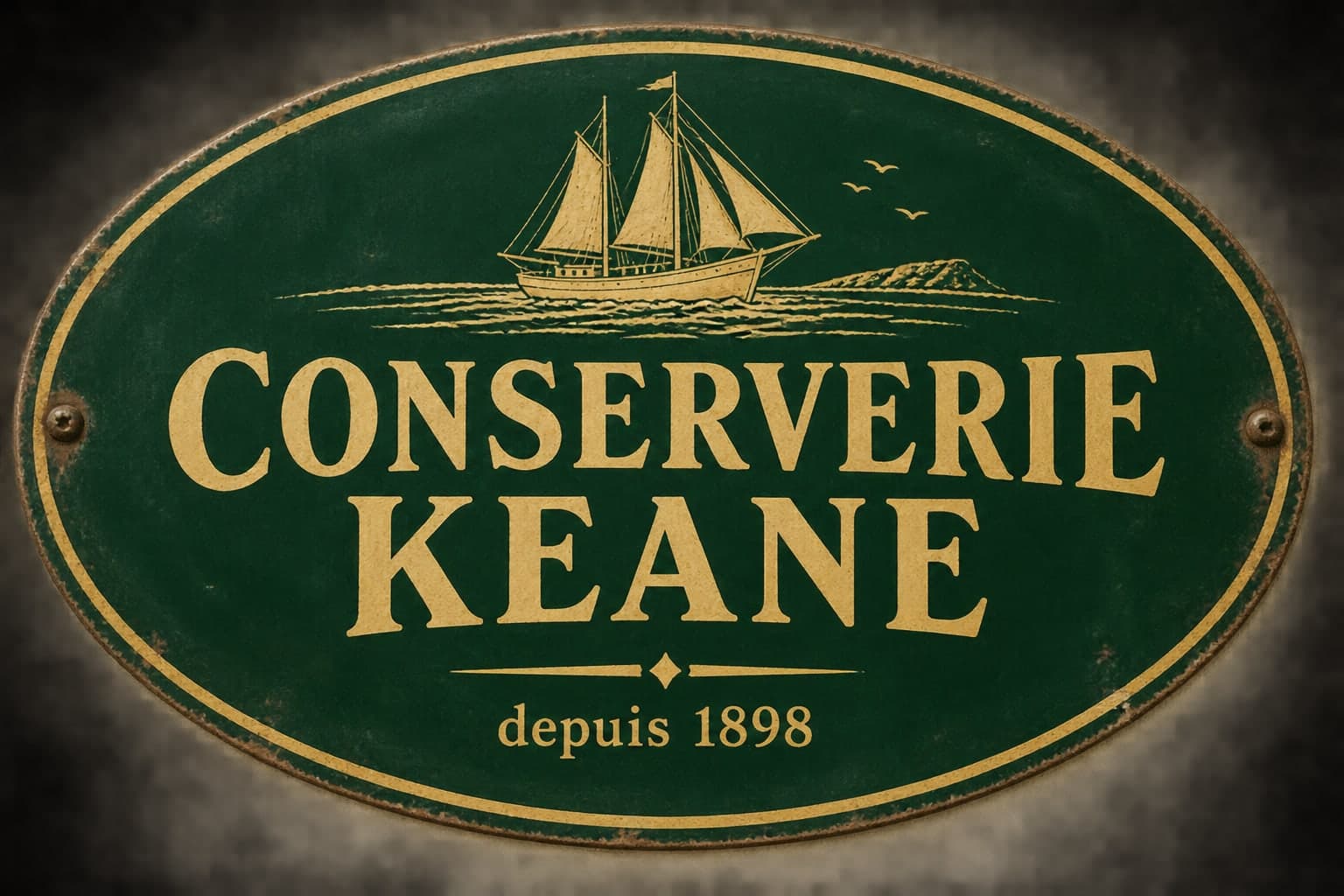 لوحة مينا بيضاوية خضراء وذهبية «CONSERVERIE KEANE» بمركب شراعي و«منذ 1898»، على خلفية داكنة