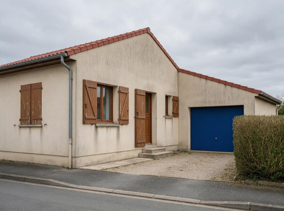 Dasselbe Haus mit dem ursprünglichen Schwingtor in kräftigem Blau gestrichen, Sicken und Griff erhalten, Haustür und Fensterläden weiter braun