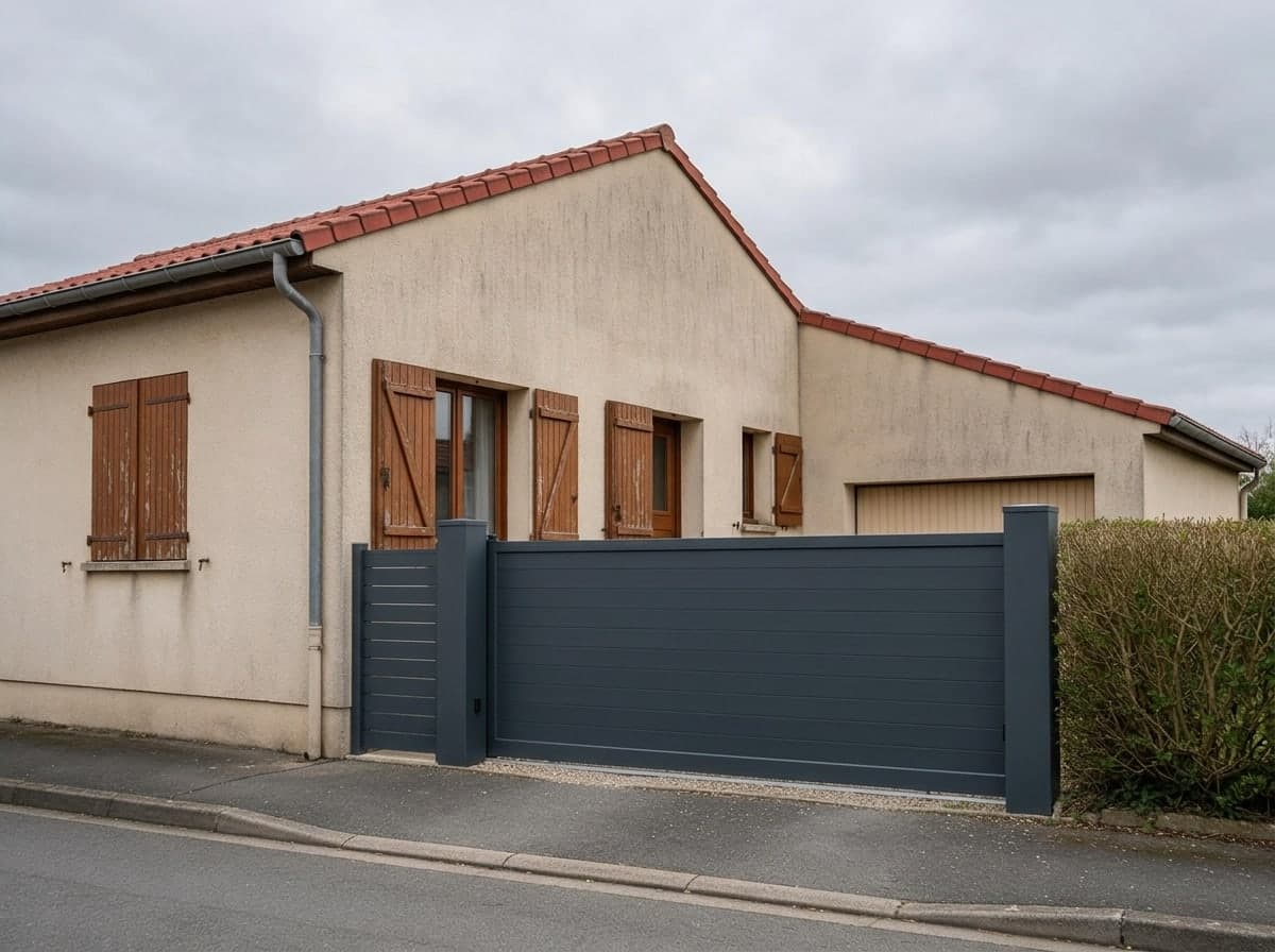 The same entrance closed by a sliding anthracite aluminium gate with horizontal slats, between two matching pillars