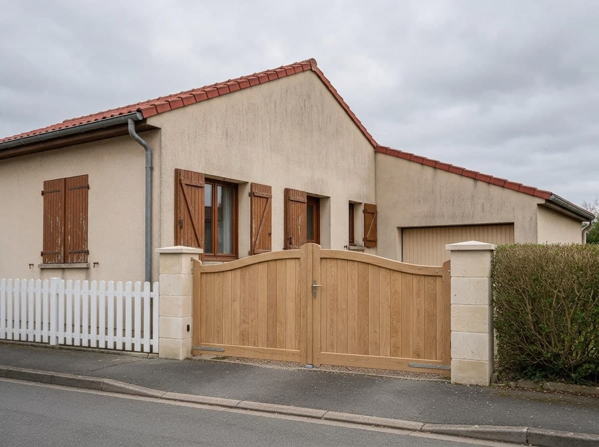 The same entrance with a light oak swing gate with a curved top, two stone pillars and a white picket fence