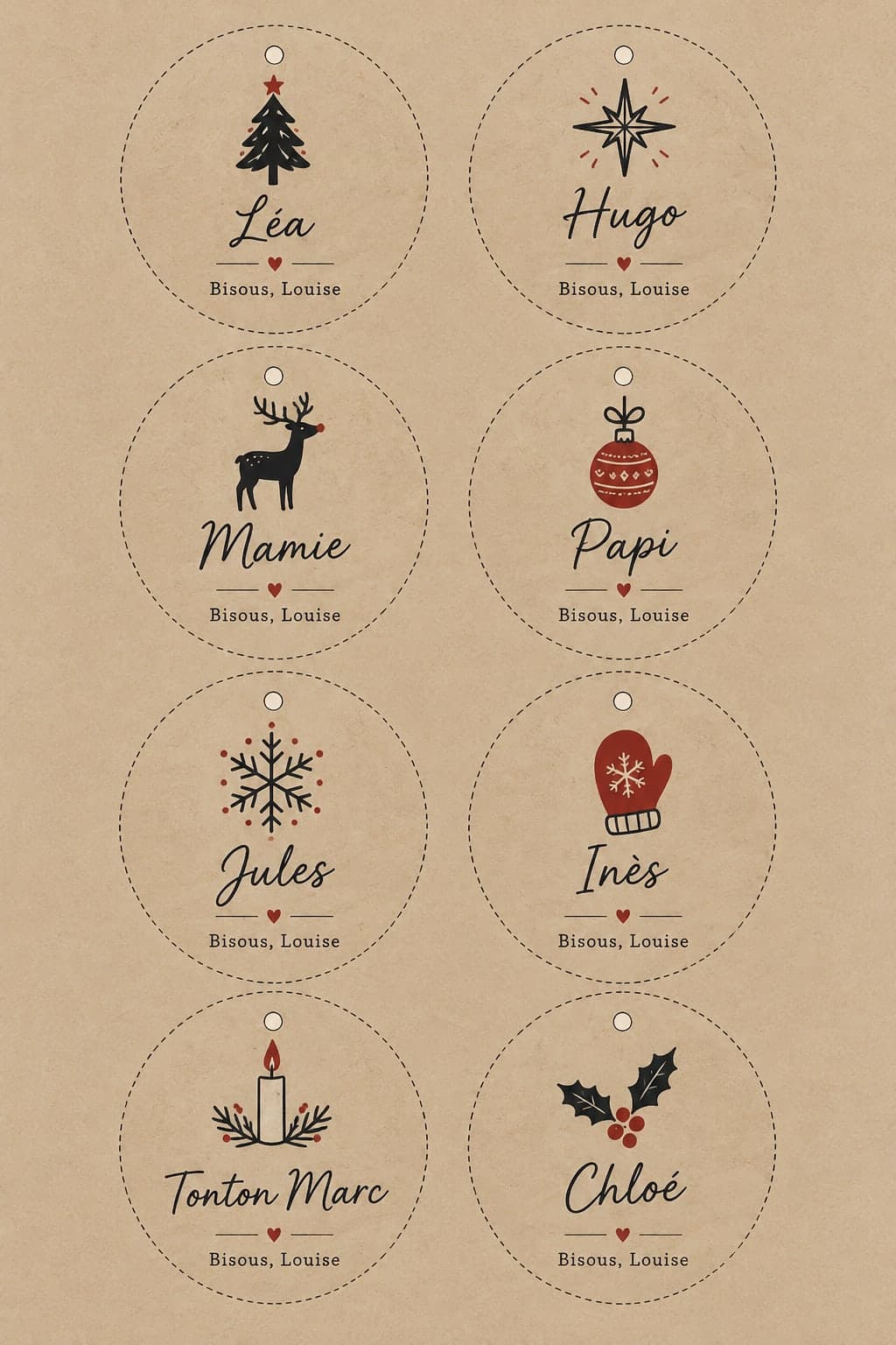 Lembar berisi delapan label bulat di atas kertas kraft, dengan tinta hitam dan sentuhan merah, masing-masing dengan gambar kecil (pohon cemara, bintang, rusa kutub, bola hiasan, kepingan salju, sarung tangan, lilin, daun holly), nama tulisan tangan dari Léa sampai Tonton Marc dan “Bisous, Louise” di bawahnya