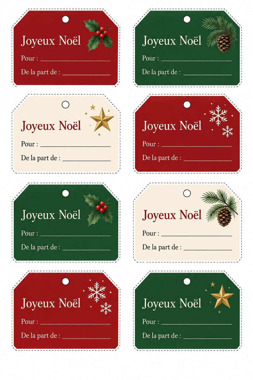 Lembar berisi delapan label kado persegi panjang dengan sudut terpotong, merah, hijau cemara, dan krem, dengan lubang untuk pita, daun holly, buah pinus, bintang emas, atau kepingan salju, dan di setiap label “Joyeux Noël”, “Pour :” dan “De la part de :” untuk diisi