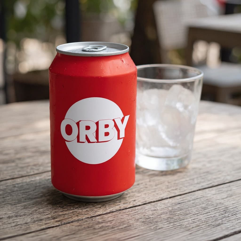 A mesma lata vermelha, no mesmo enquadramento e com suas gotas de água, com um círculo branco e a marca inventada “ORBY” em letras arredondadas