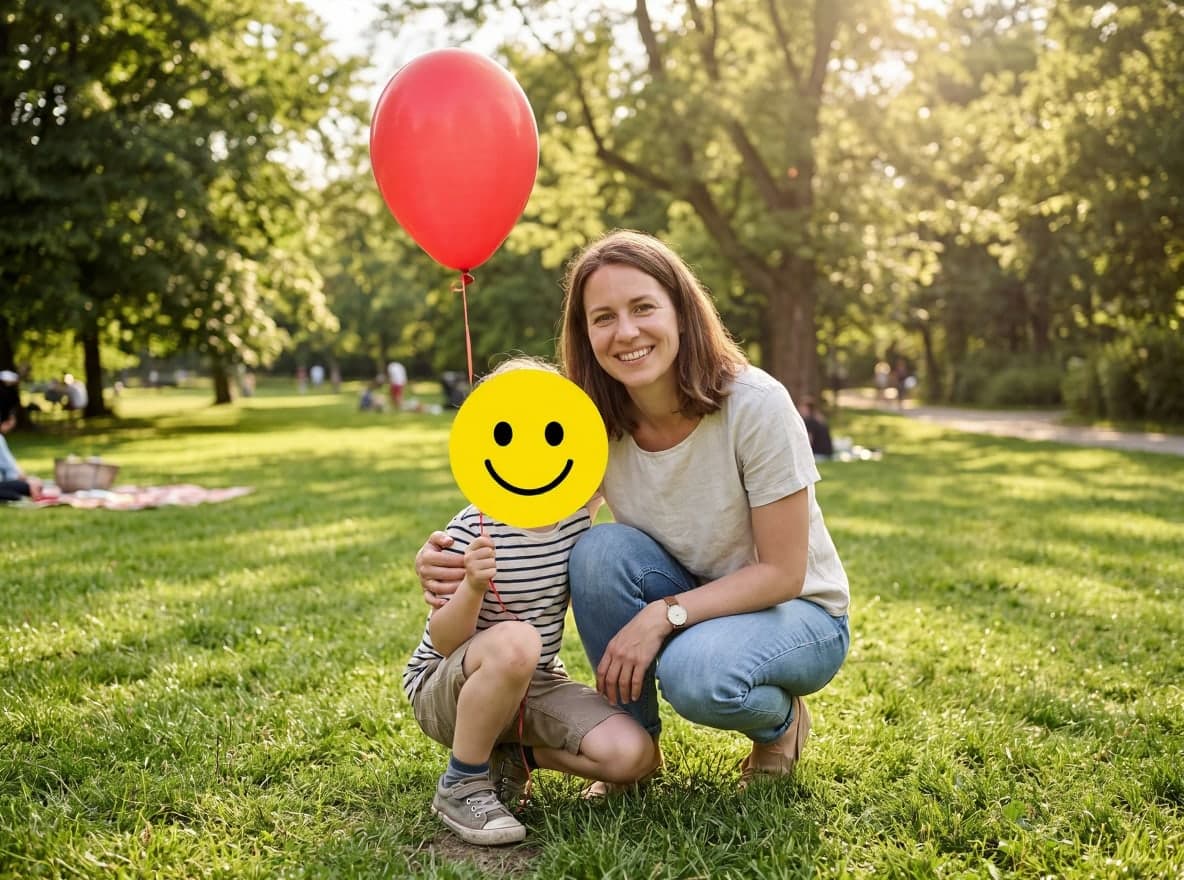 Dasselbe Foto mit einem großen gelben lächelnden Emoji auf dem Gesicht des Jungen, die Mutter sichtbar