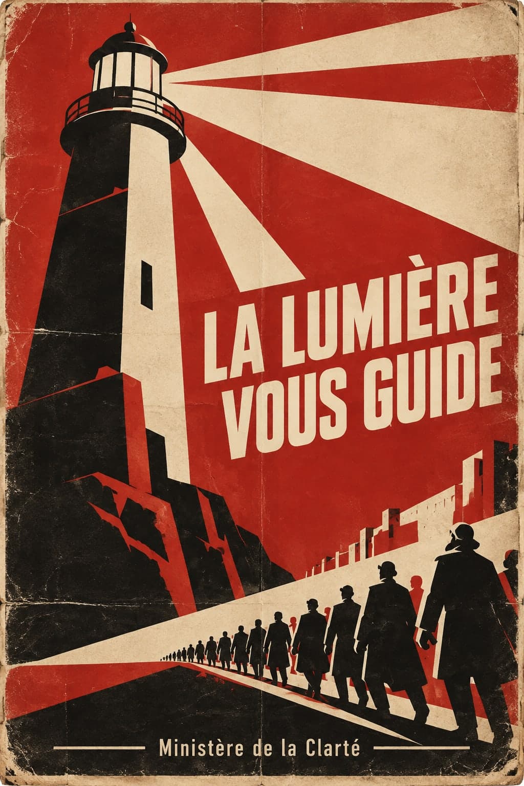 Ein Propagandaplakat in Rot, Schwarz und Creme „DAS LICHT FÜHRT SIE“, ein riesiger Leuchtturm über einer Schlange von Bürgern