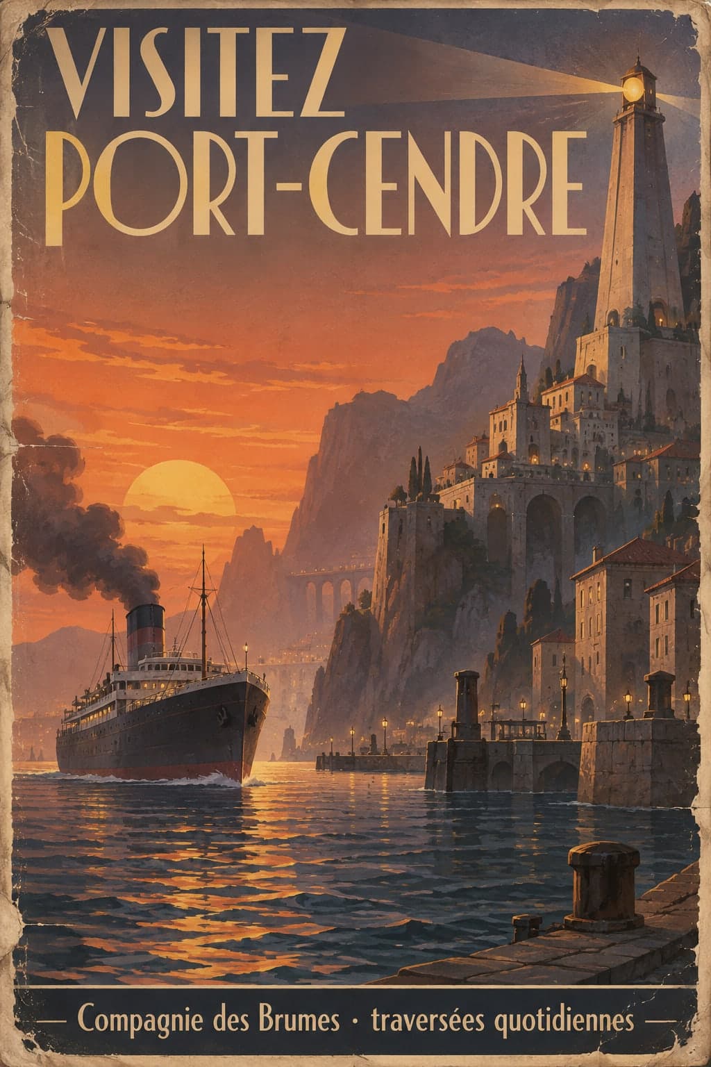 Ein Art-déco-Reiseplakat „BESUCHEN SIE PORT-CENDRE“, ein Passagierdampfer bei Sonnenuntergang vor einer Stadt auf der Klippe und ihrem Leuchtturm