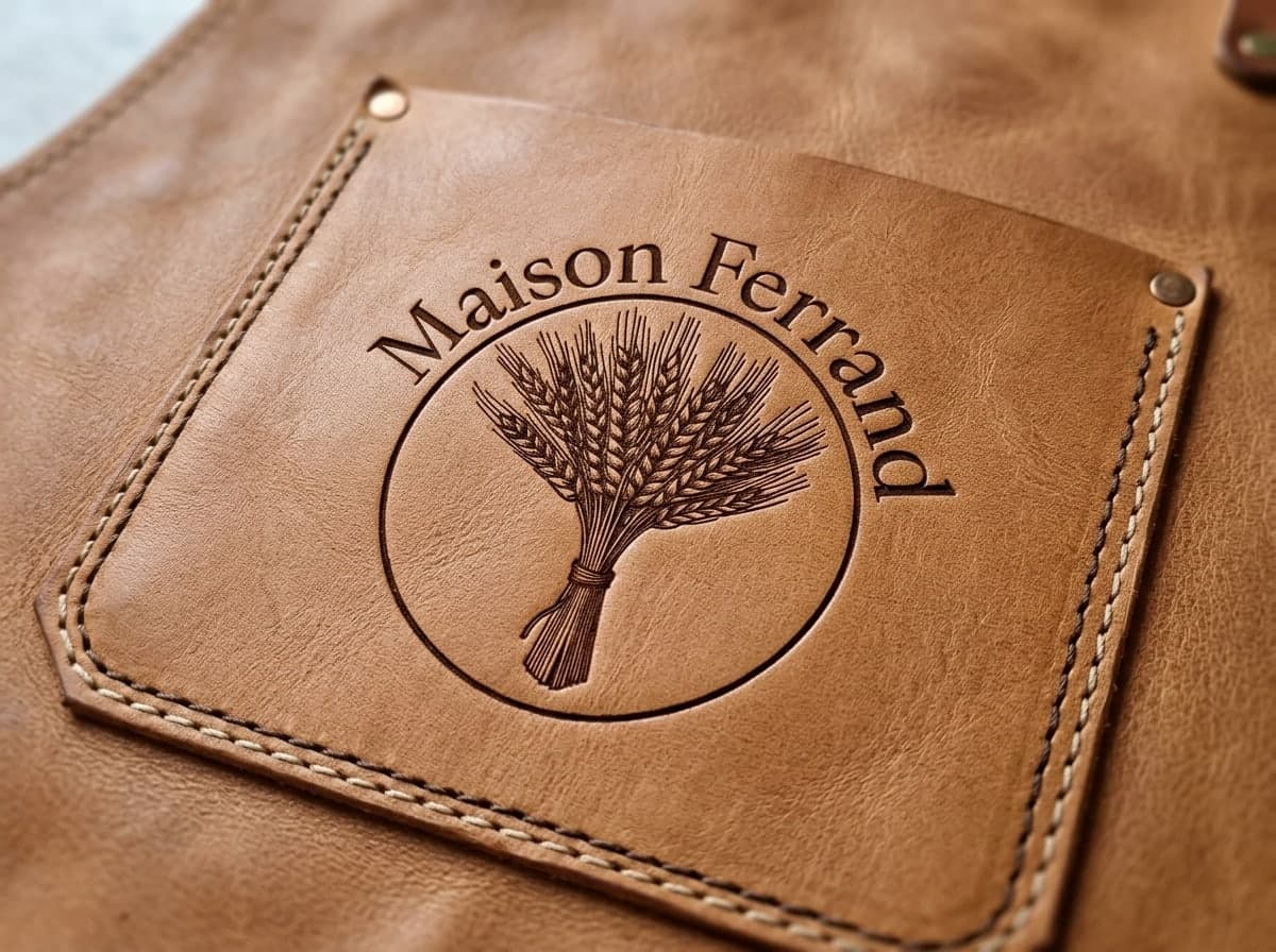 Die Tasche einer Schürze aus hellbraunem Leder mit Nieten, das Logo in dunklerer Vertiefung graviert