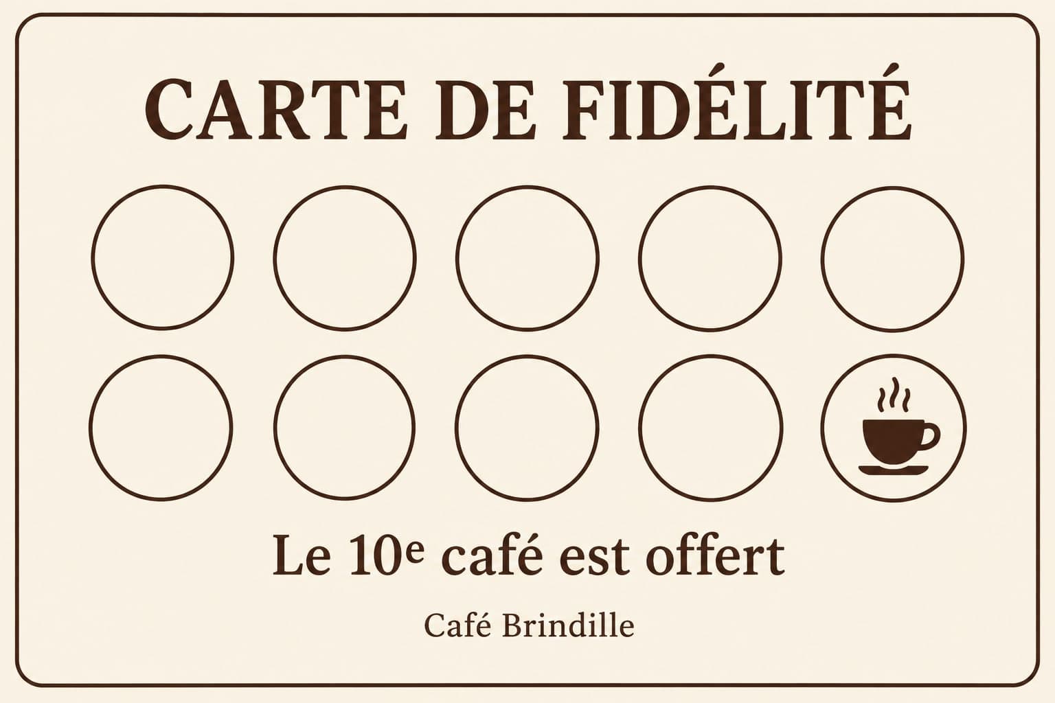 Café Brindille의 크림색 카드, 두 줄에 원 열 개, 열 번째에 커피잔