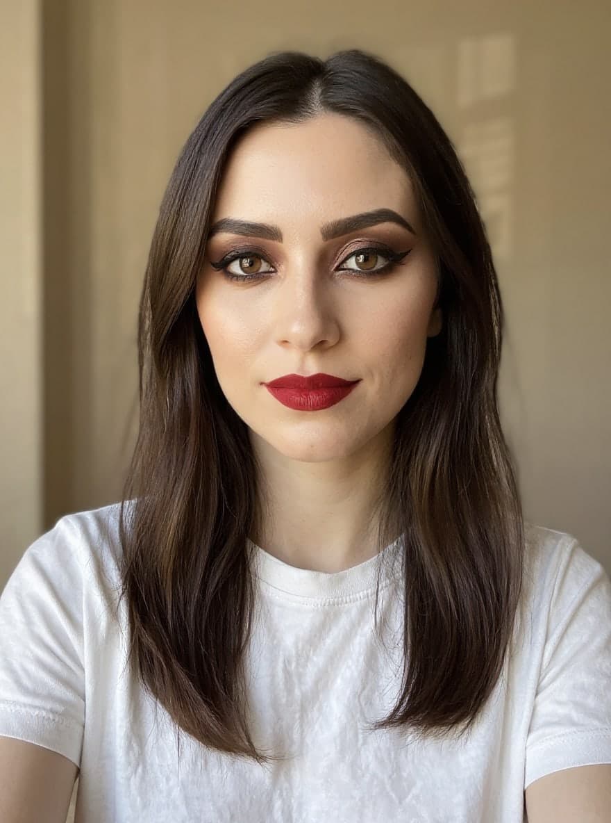 المرأة نفسها بمكياج سهرة، سموكي برونزي وآيلاينر أسود وأحمر شفاه مطفأ