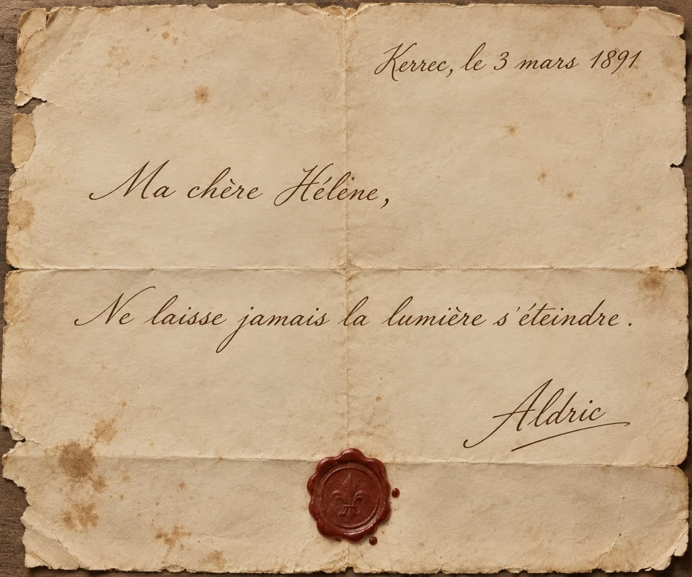 Ein handgeschriebener Brief auf eingerissenem cremefarbenem Papier, datiert Kerrec, den 3. März 1891, unterschrieben Aldric, mit rotem Wachssiegel mit Lilie