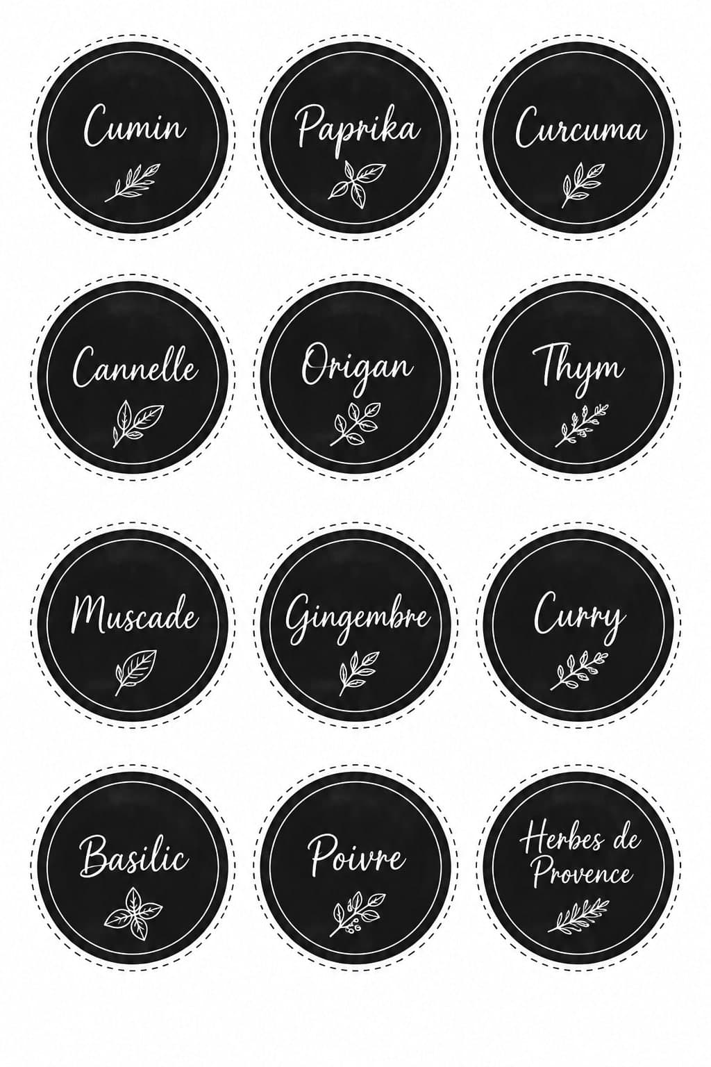A sheet of twelve round black chalkboard labels with a thin white ring, the spice name in white script from Cumin to Herbes de Provence and a small leafy sprig underneath, each circle framed by a dotted cutting line