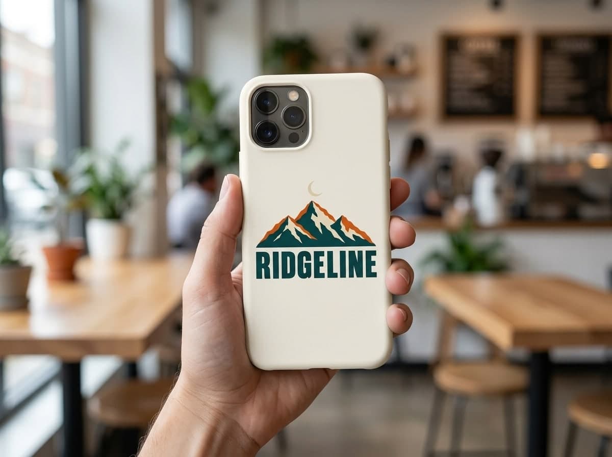 Ponsel dalam casing krem doff yang dipegang di kafe, dengan logo Ridgeline tercetak di tengah