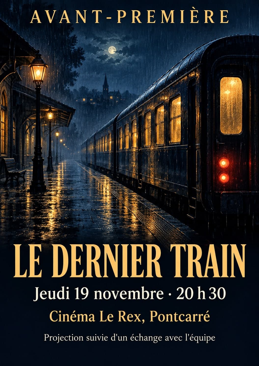 Ein nachtblaues Plakat: Zug am Bahnsteig im Regen, Laternen an, großer bernsteinfarbener Titel und darunter die Angaben zur Vorführung