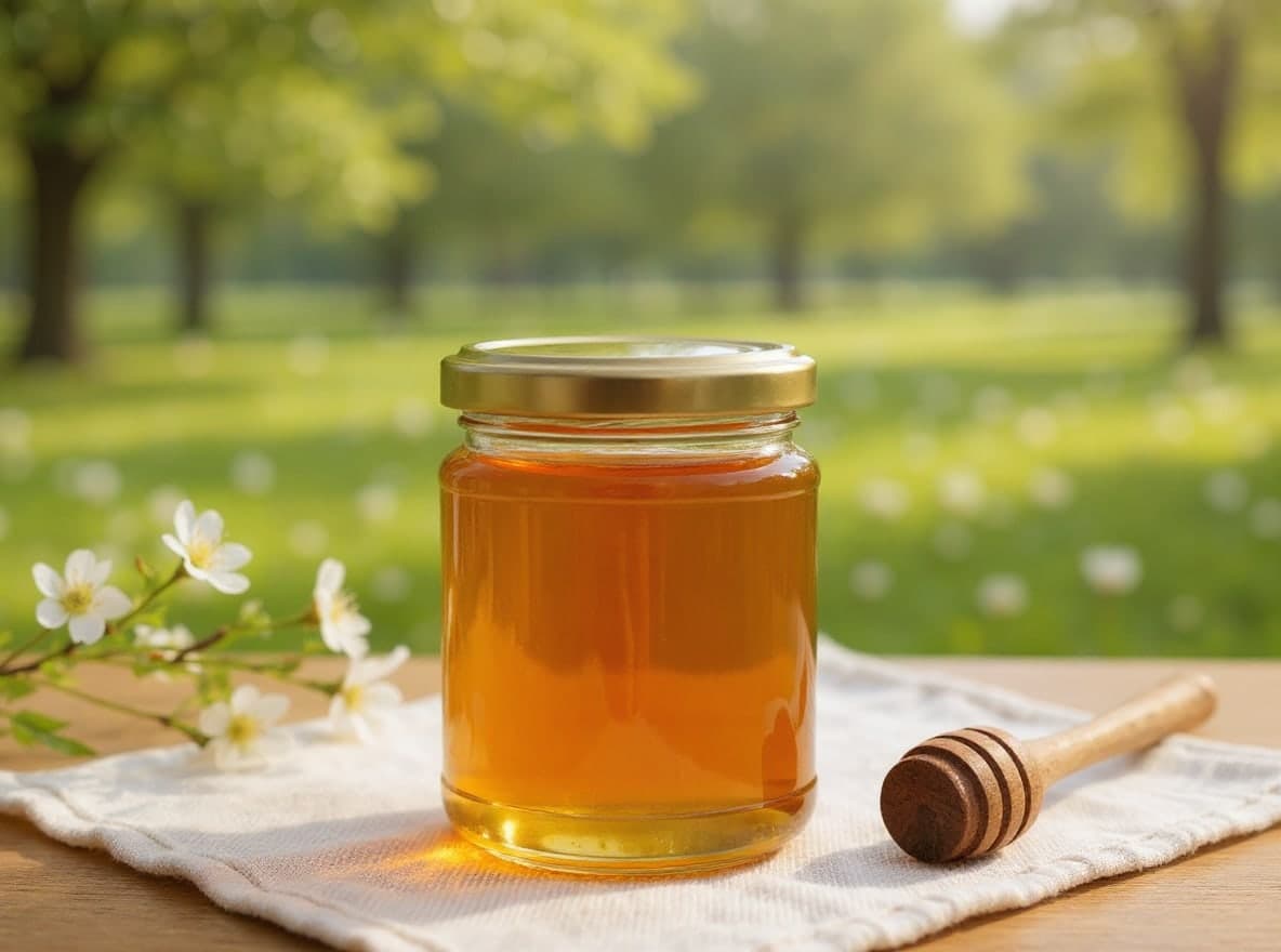 O mesmo pote de mel sobre uma toalha de linho, com flores brancas, uma colher de mel de madeira e um jardim desfocado ao fundo