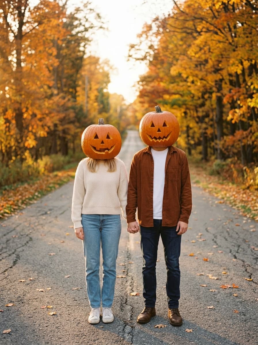 The same couple holding hands in the middle of a country road lined with orange and yellow trees, each with a carved jack-o'-lantern pumpkin in place of the head, same clothes, the sun at the end of the road; blonde strands show under the woman's pumpkin and the man's is a little small for his build