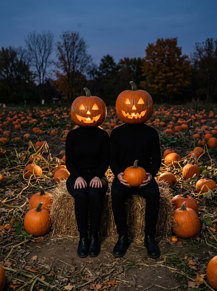 The same couple all in black, turtleneck, trousers and boots, sitting in a pumpkin patch at dusk with candle-lit carved pumpkins on their heads, she with her hands on her knees, he holding a small uncarved pumpkin; they share one wide hay bale, and a small blue spot remains in the sky