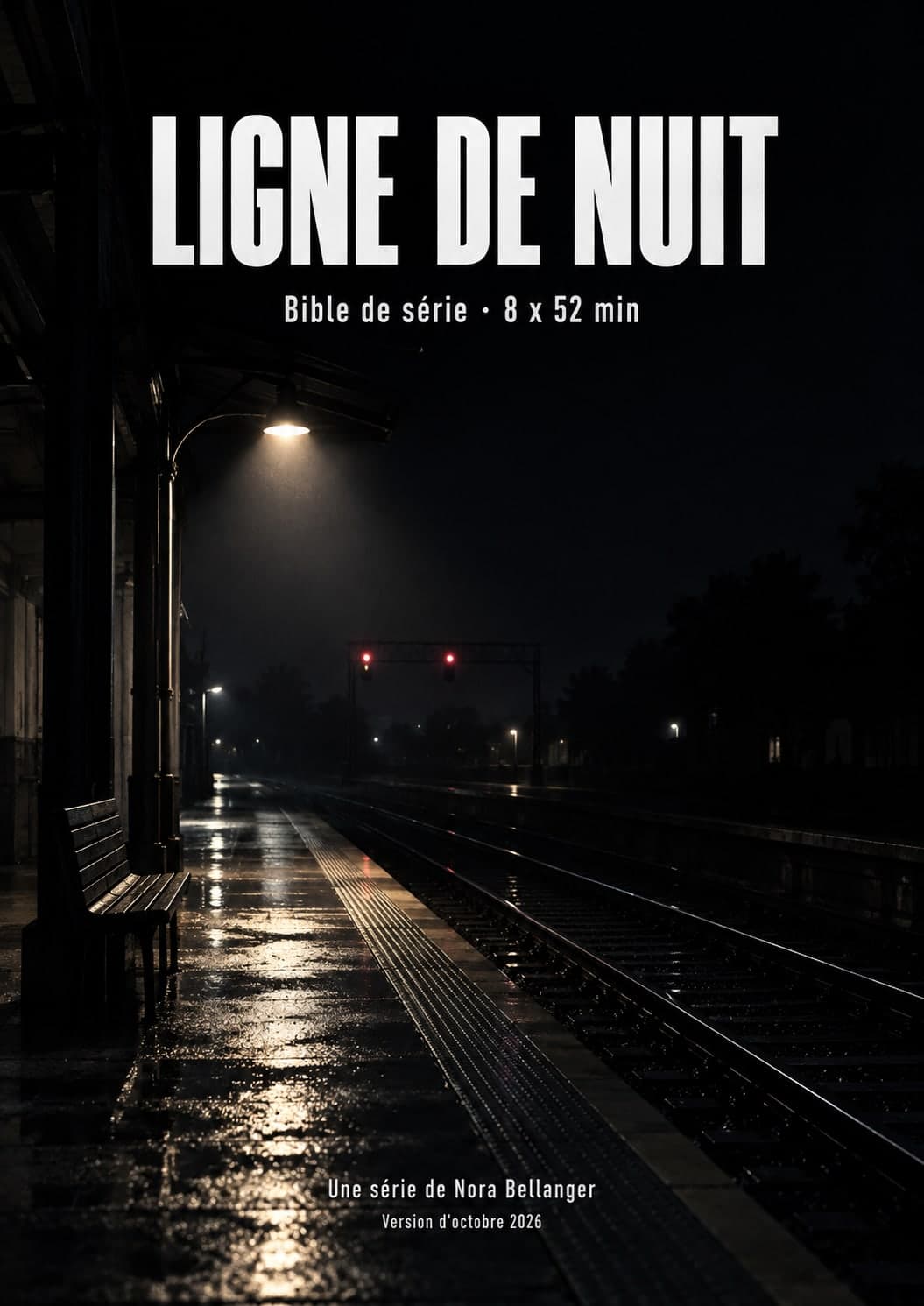 Ein schwarzes Cover mit weißem Titel „LIGNE DE NUIT“, nasser Bahnsteig unter einer Laterne, Bank und rote Lichter in der Ferne