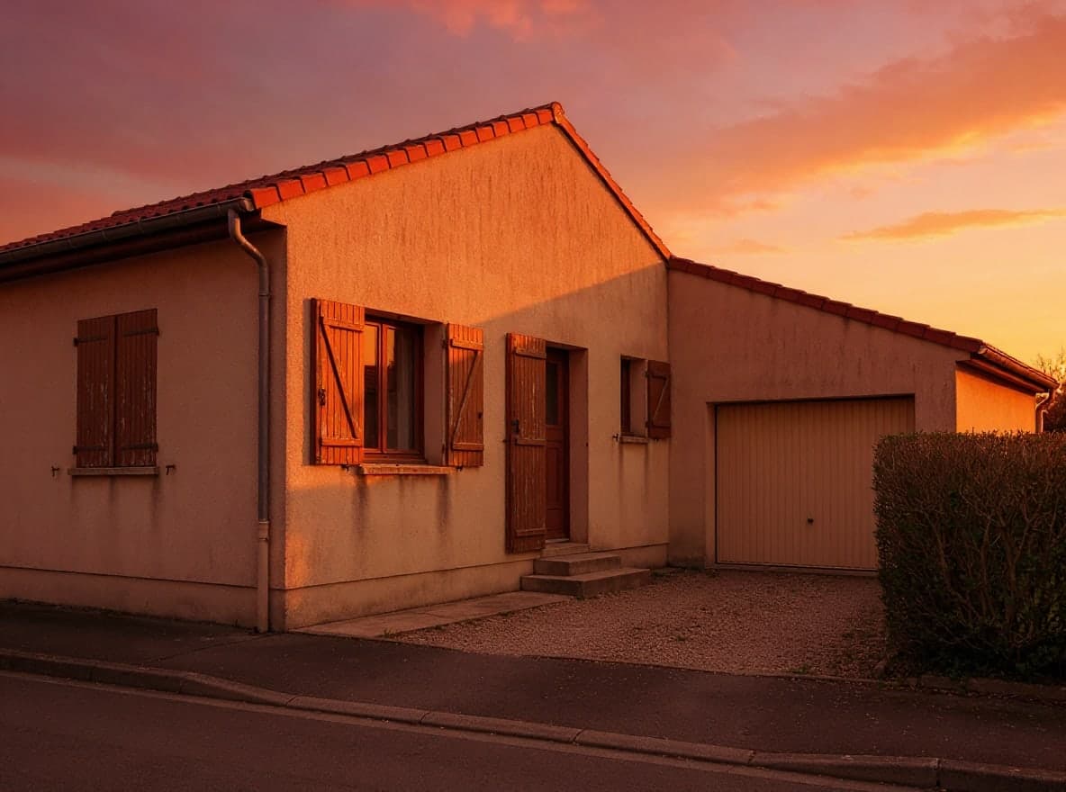 La misma casa bajo un atardecer naranja y rosa, la fachada dorada por la luz de la tarde