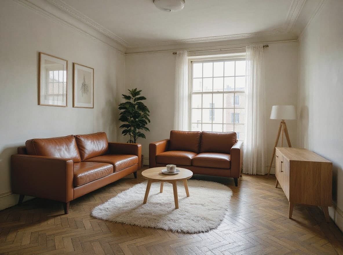Dasselbe Wohnzimmer mit beiden Sofas aus cognacfarbenem Leder mit eckigen Armlehnen