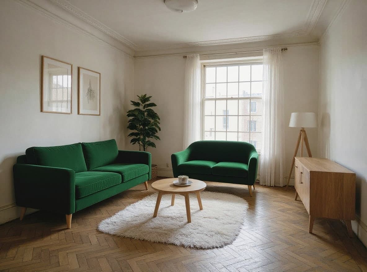 Dasselbe Wohnzimmer mit beiden Sofas aus smaragdgrünem Samt