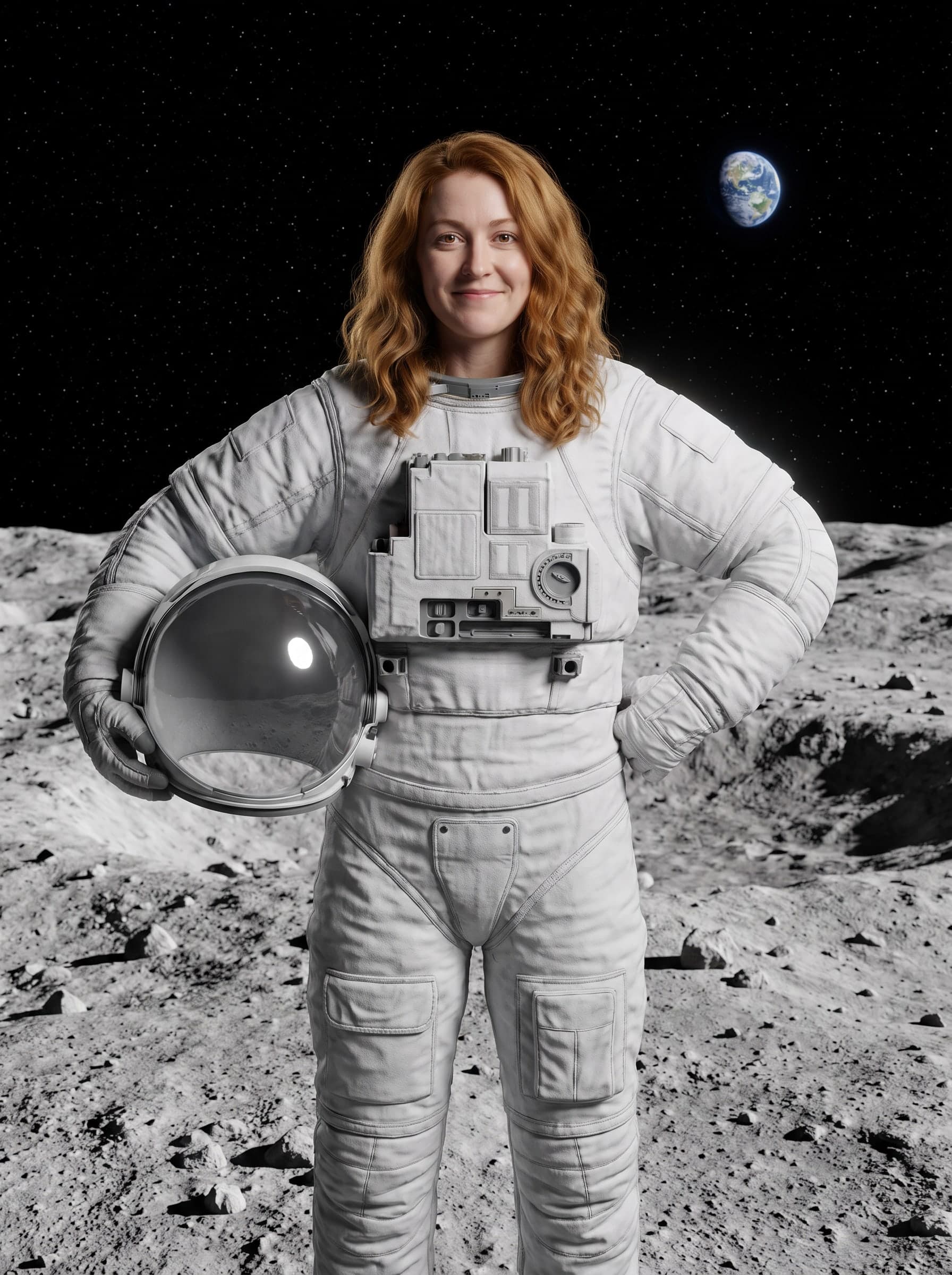灰色の月面で映画のような宇宙服を着た同じ女性。星空と右上に地球、スタジオの光、片腕にヘルメット、もう片方の手は腰に、膝の下までの構図で、顔は写真より少ししわが多い