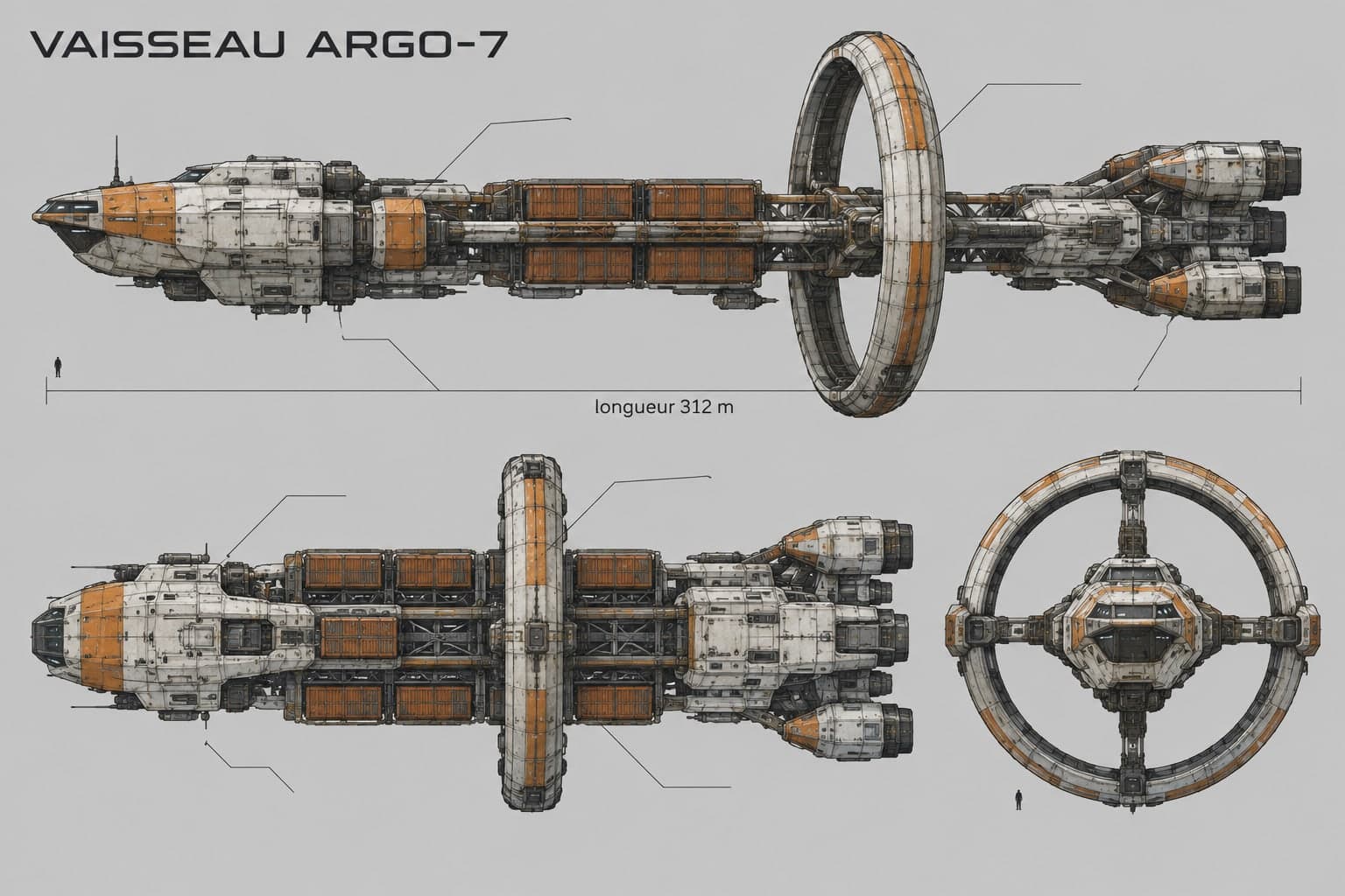 The cargo ship ARGO-7 in side, top and front views on grey, white and orange hull, rotating ring and a 312 m length