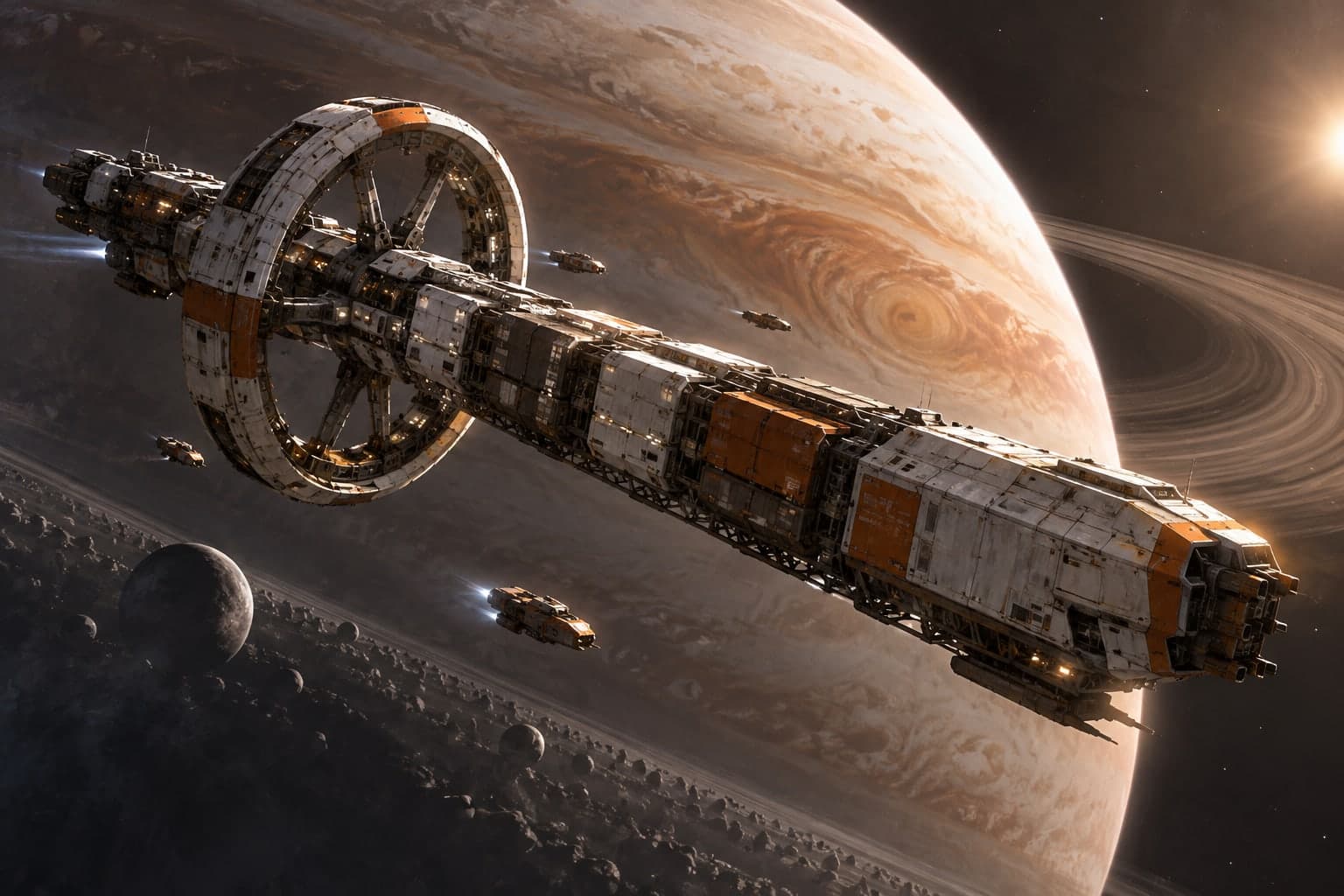 The same freighter in flight before a ringed gas giant, surrounded by small shuttles, rim lit by a distant sun
