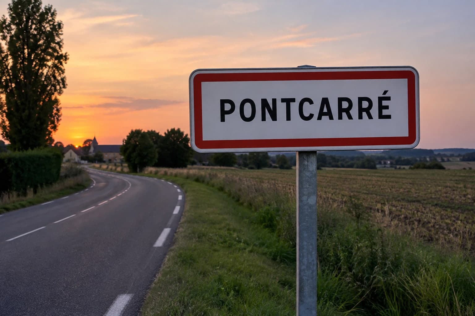 A white "PONTCARRÉ" sign with a red border by a winding country road, under an orange sunset
