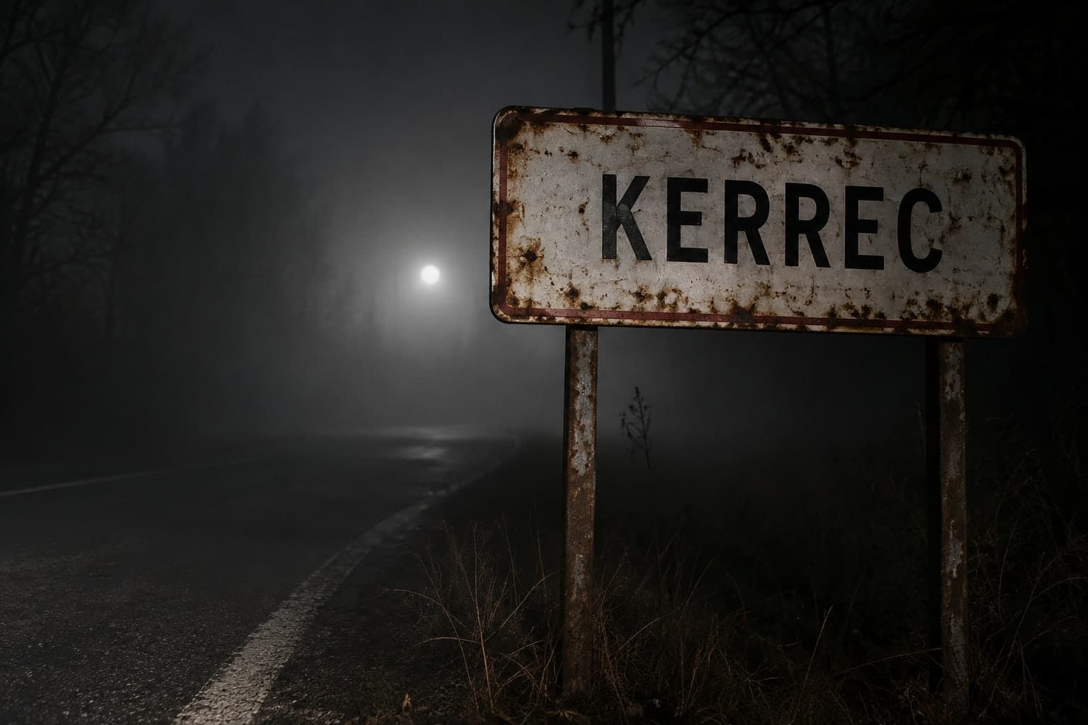 A rusty, peeling "KERREC" sign on two posts at night in the fog, a diffuse light on the road in the distance