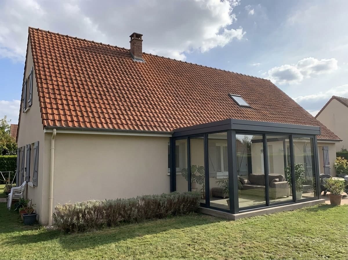 Dasselbe Haus mit einem anthrazitfarbenen Alu-Wintergarten mit Flachdach vor den Fenstertüren, Sofa und Pflanzen im Inneren