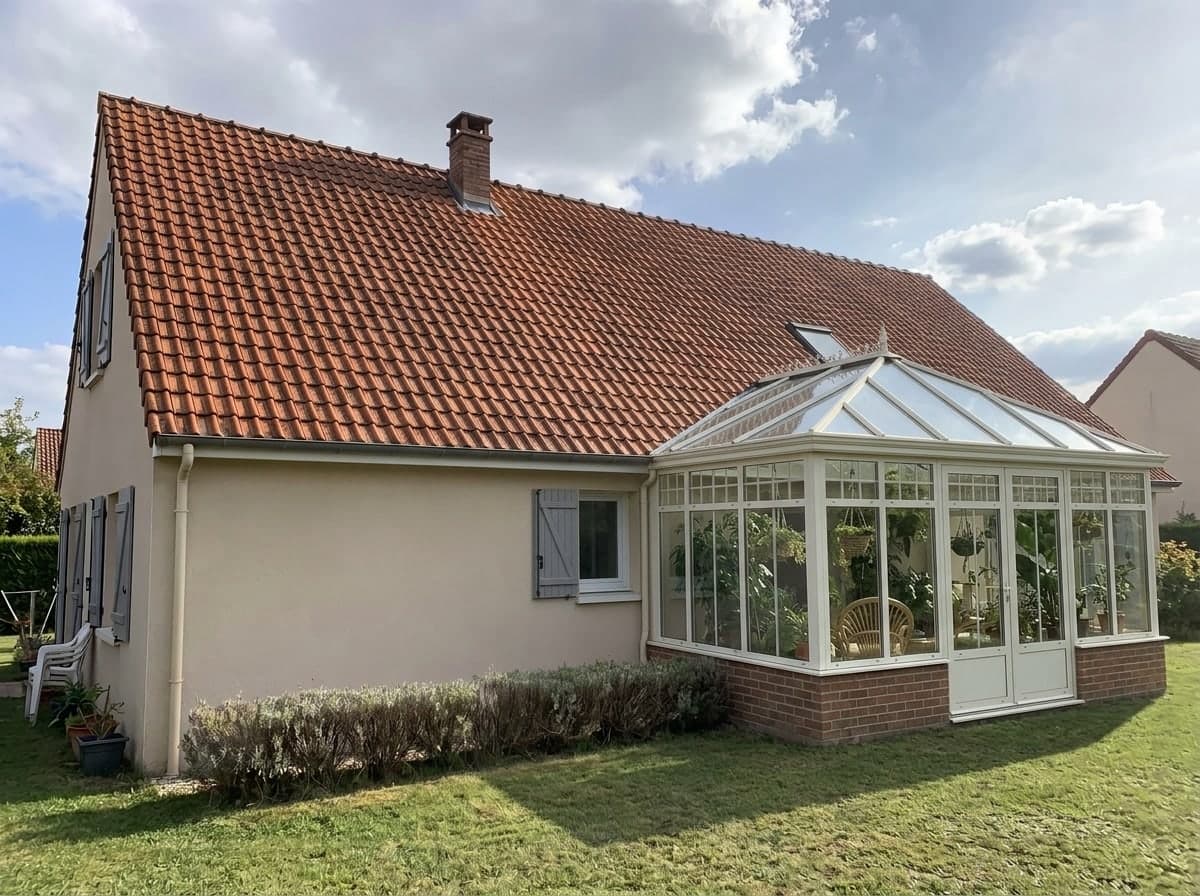 Dasselbe Haus mit einem weißen Glasanbau mit Sprossen und Glasdach auf einer Mauer aus roten Backsteinen