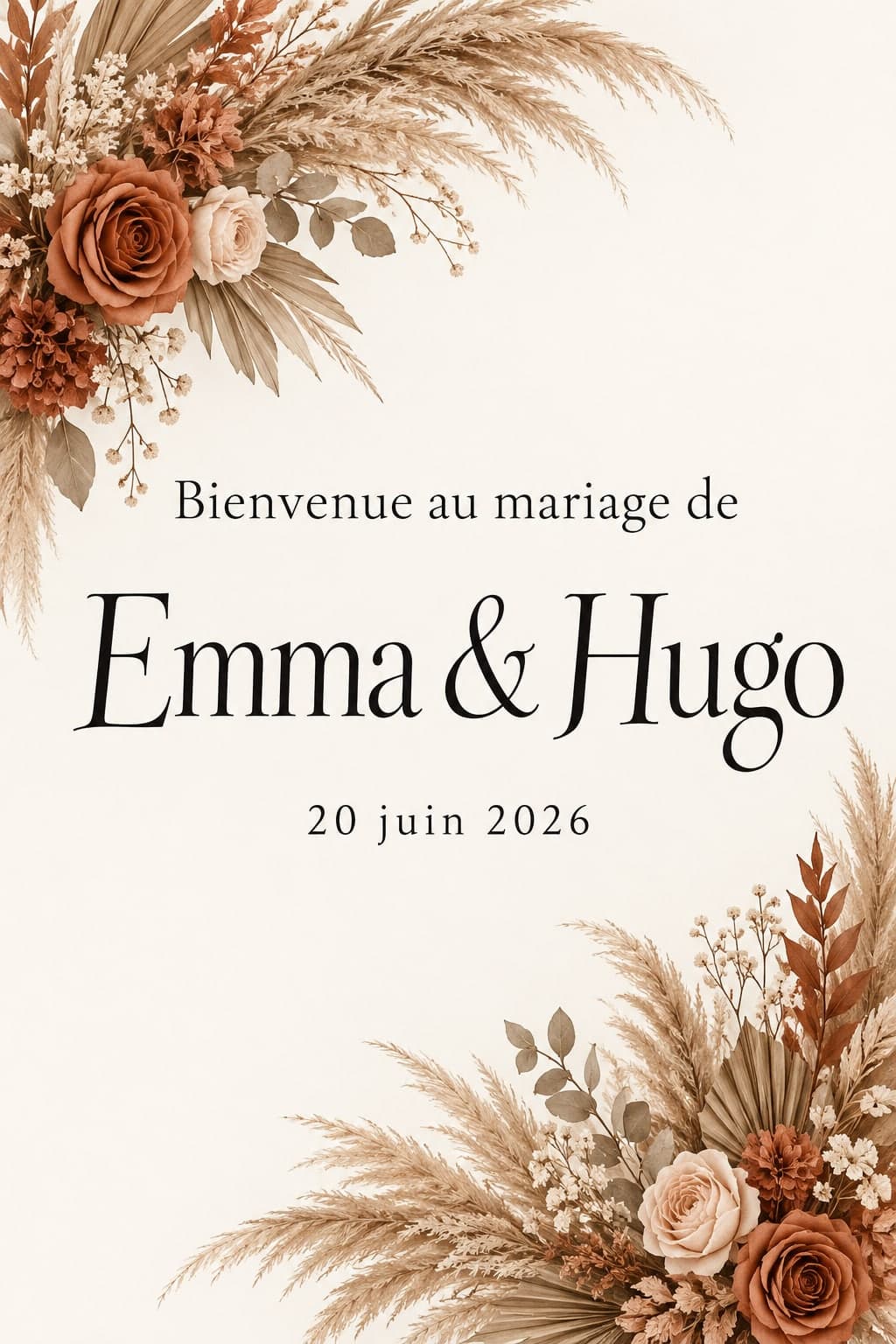 Ein gebrochen weißes Boho-Schild „Willkommen zur Hochzeit von Emma & Hugo“ mit Pampasgras und terrakottafarbenen Rosen in zwei Ecken