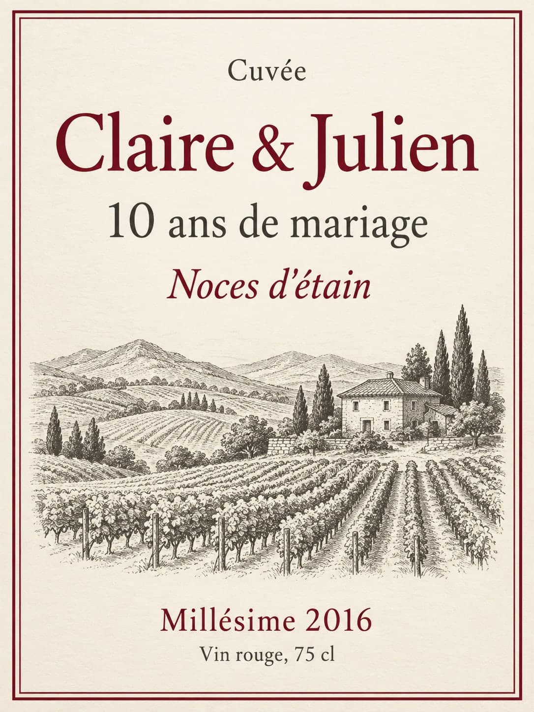 A wine label on textured cream paper inside a double burgundy border, "Cuvée" in small type, "Claire & Julien" in large burgundy serif lettering, "10 ans de mariage" (10 years married) in dark grey, "Noces d'étain" (tin anniversary) in burgundy italics, a line engraving of a vineyard on hills with a stone house, and cypress trees the prompt didn't ask for, which give it a Tuscan look, then "Millésime 2016" and "Vin rouge, 75 cl" at the bottom; every line exact on the first try, with a curly apostrophe in "d'étain", at 1086 x 1448 pixels, about 300 dpi at 9 x 12 cm
