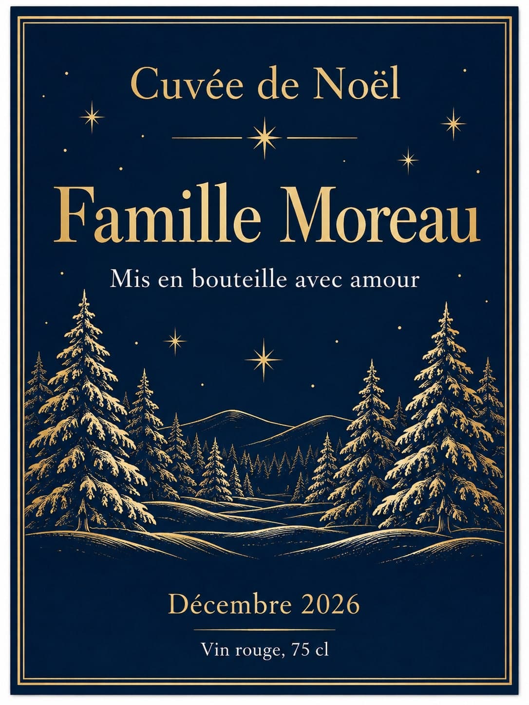 A midnight blue wine label inside a double gold border, "Cuvée de Noël" (Christmas cuvée) in gold, an added star between two lines under the title, "Famille Moreau" in large gold lettering, "Mis en bouteille avec amour" (bottled with love) in white, a snowy fir forest and stars in gold line art, "Décembre 2026" with an added line under it and "Vin rouge, 75 cl" in white; every line exact on the first try, but the label is shown as a card on a white background with a faint shadow, to crop before printing, at 1086 x 1448 pixels