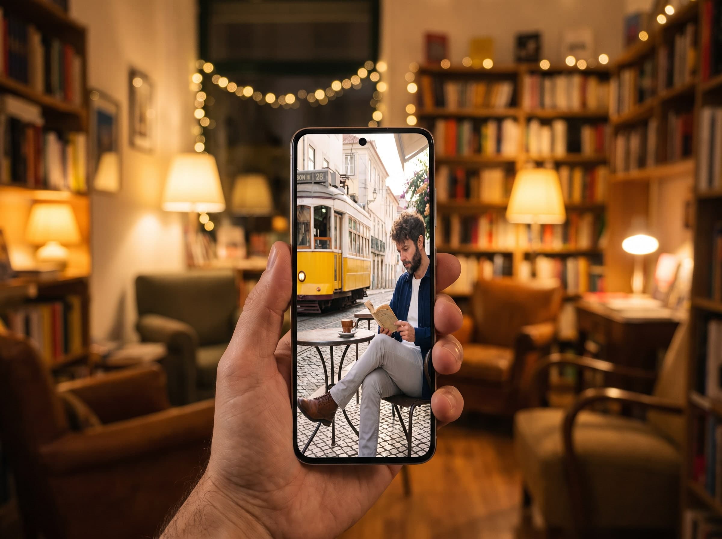 La même photo sur l'écran d'un téléphone tenu dans une librairie la nuit